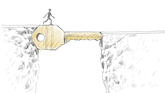 成功的关键概念是一个人在两个悬崖上奔跑一个巨大的金钥匙视频