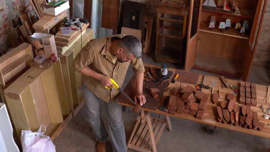 集中的木匠用锯锯砍柴视频