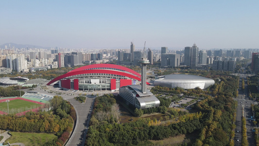 航拍南京奥林匹克中心体育馆视频