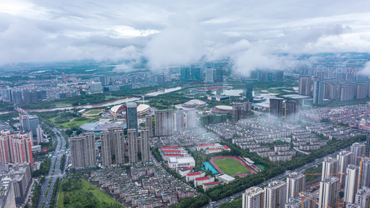 浙江义乌城市云海大景航拍延时摄影视频