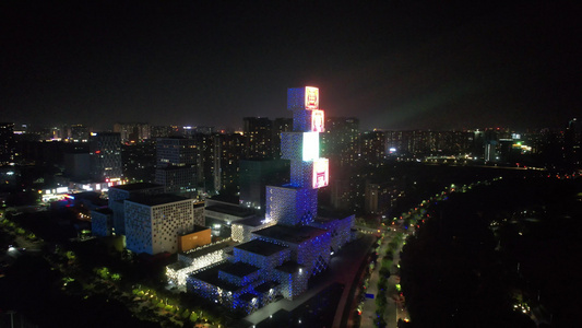 广东佛山城市地标建筑夜景灯光航拍视频