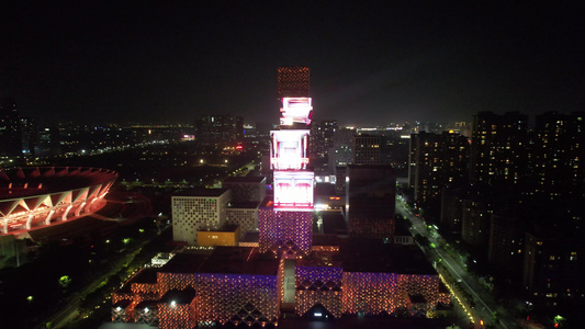 广东佛山城市地标建筑夜景灯光航拍视频