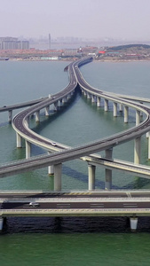 青岛胶州湾大桥海上立交桥航拍视频天际线视频