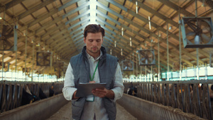 牲畜主人检查动物饲养场在牛棚的剪贴板上做笔记18秒视频