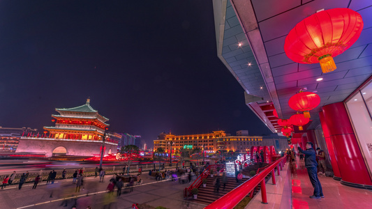 陕西西安钟楼白天夜景延时视频