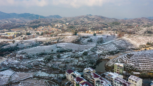 义乌大陈道人峰茶园雪景航拍延时摄影视频