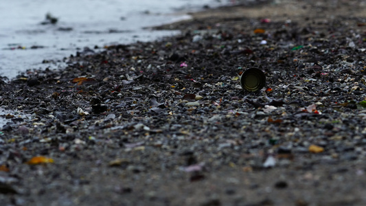 沙滩上的垃圾垃圾在海滩的黑沙上风吹过海边海水在早晨视频