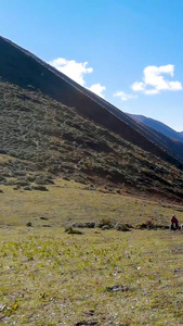 蓝天下的高山草甸和骑马登山的马队人群视频