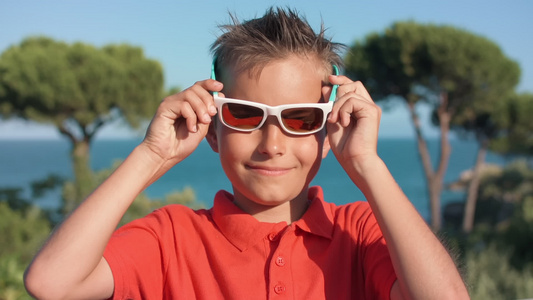 男孩在海边带上墨镜放松面对镜头视频