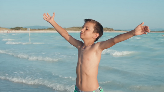 无忧虑的男孩在海边享受暑假视频