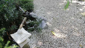 在花园中装饰的竹子流水9秒视频