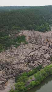 5A景区洛阳龙门石窟全景航拍视频旅游目的地视频