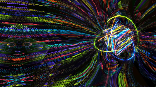 量子磁光蓝核心和未来计算机动画抽象背景与无限橙色火视频