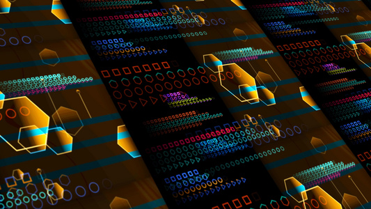 大数据和抽象橙色区域多边形背景的量子计算机未来技术视频