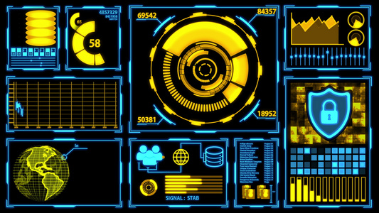 数据传输和数字转换屏幕HUD带有黄色蓝色主题细节包括视频
