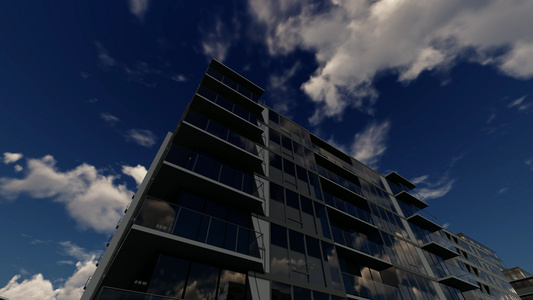 3D背面有深蓝天空的办公大楼视频