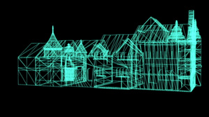 黑底中世纪房屋的电线框架模型3D翻接15秒视频