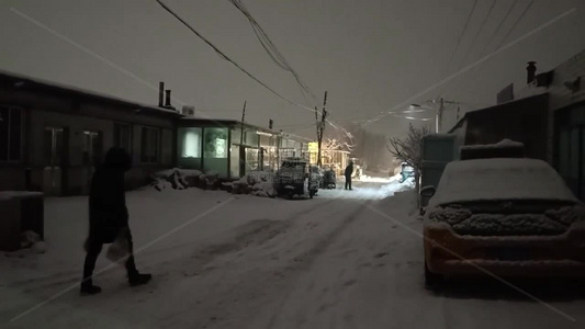 东北乡村夜晚雪景视频