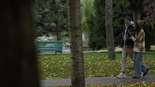 年轻情侣在美丽的秋天公园中散步视频