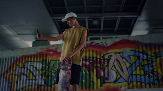 休闲溜冰者在滑板公园涂鸦墙上用智能手机自拍视频