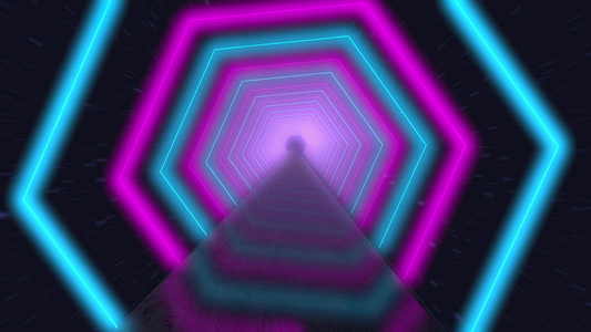 飞过发光的旋转霓虹六边形创造隧道蓝色红色粉红色紫色视频