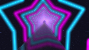 飞过发光的旋转霓虹星创造隧道蓝色红色粉红色紫色光谱20秒视频