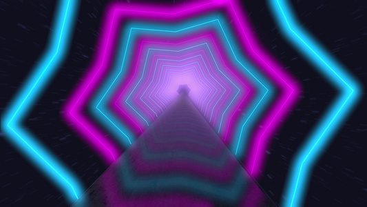 飞过发光的旋转霓虹六角星创造隧道蓝色红色粉红色紫色视频