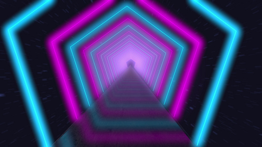 飞过发光的旋转霓虹灯五边形创造隧道蓝色红色粉红色紫色视频