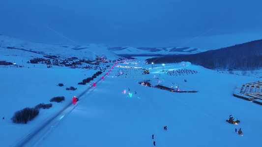 冬季呼伦贝尔冰雪航拍蓝莓小镇夜景灯光视频