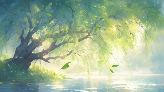 绿色春季河边柳树池塘背景视频视频