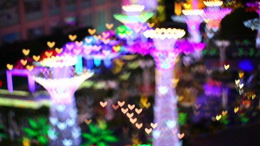 在情人节的树上灯笼彩色灯笼模糊明亮的光心视频