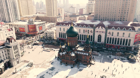 哈尔滨索菲亚大教堂雪景航拍4K视频
