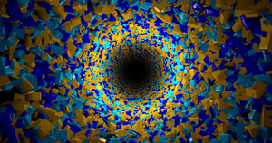穿越由蓝色和黄色盒子组成的抽象隧道循环动画Hollowing7秒视频