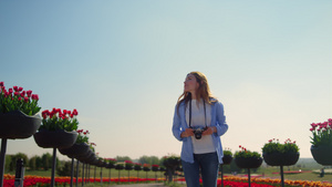 阳光明媚的日子里快乐的女摄影师在盛开的公园里慢动作奔跑16秒视频