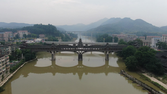 城市航拍少数民族特色建筑风雨桥 视频