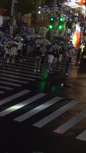 实拍雨夜斑马线上的行人合集视频