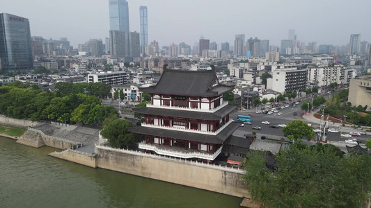 航拍湖南长沙湘江杜甫江阁地标建筑视频