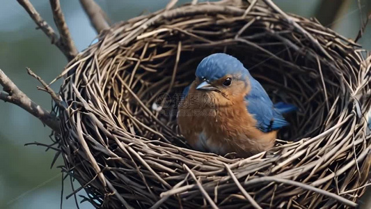蓝色小鸟筑巢孵蛋视频