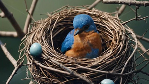 蓝色小鸟筑巢孵蛋背景视频4秒视频