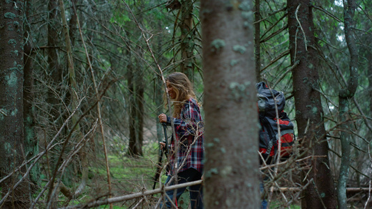 男人和女在森林中徒步旅行视频