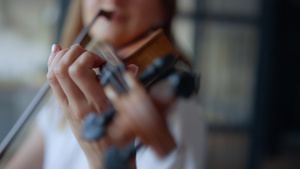 音乐家用手指把弦拉在小提琴上 并举起手打小提琴19秒视频