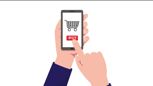 网上购物动画概念在智能手机屏幕上用手点击购买按钮取出视频