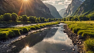 阳光穿过山谷河流大气震撼自然风光景色4秒视频
