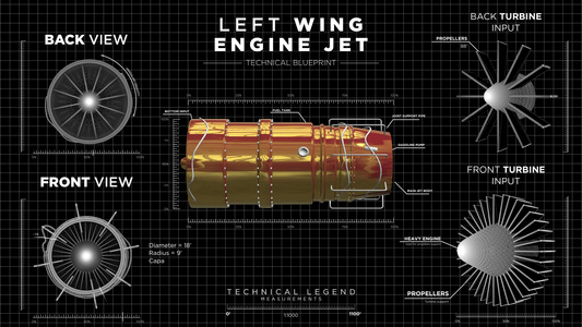 显示左翼喷气发动机的右侧带有黑色铁丝框背景上的蓝图视频