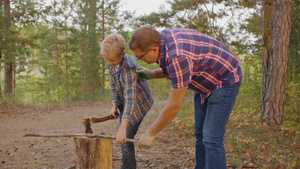 父亲教儿子在夏日森林用斧头砍柴17秒视频