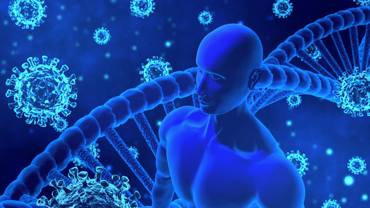 3d以抽象蓝色背景移动的corona病毒19humanai视频