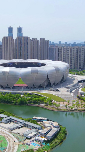 夏季震撼航拍俯瞰杭州亚运会体育馆场26秒视频