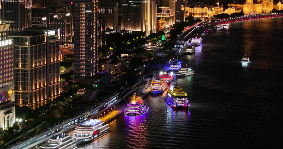 航拍上海黄浦江夜景风光视频