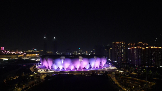 航拍杭州奥体博览城夜景视频