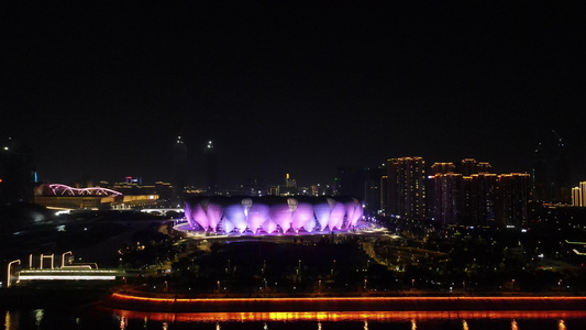 航拍杭州奥体博览城夜景视频